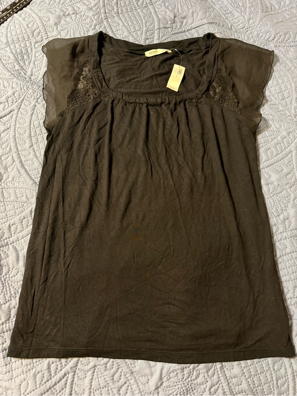NWT Old Navy Black Short-Sleeve Sheer Lace Detail Top